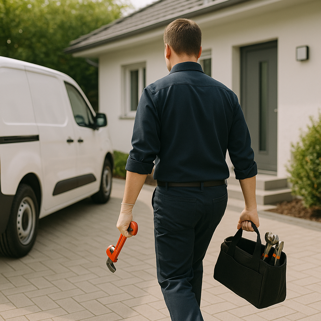 Ein freundlicher Sanitärtechniker in dunkelblauer Arbeitskleidung steht mit einem Werkzeugkoffer vor einem modernen Einfamilienhaus. Hinter ihm parkt ein weißer Servicewagen mit dem Logo SLOFIX Haustechnik. Die Szene wirkt professionell, sauber und vertrauenswürdig.