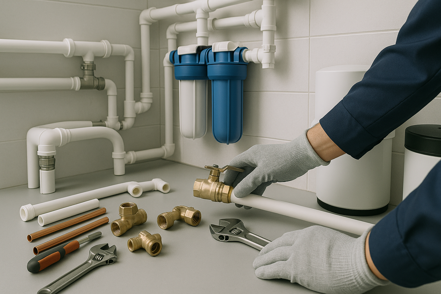 Ein Sanitärtechniker installiert eine moderne Wasserenthärtungsanlage in einem Hauswirtschaftsraum. Er arbeitet präzise an den Verbindungen und überprüft die Installation.
